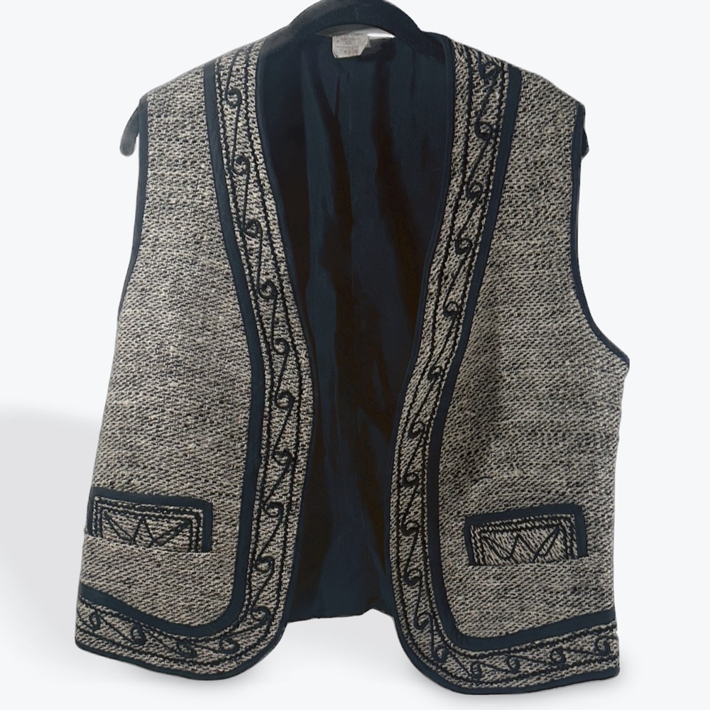 Chic Black and Gray Patterned Woven Western 100% Wool Vest Large